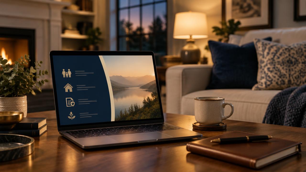 A laptop open on a coffee table at home, showing an estate planning presentation